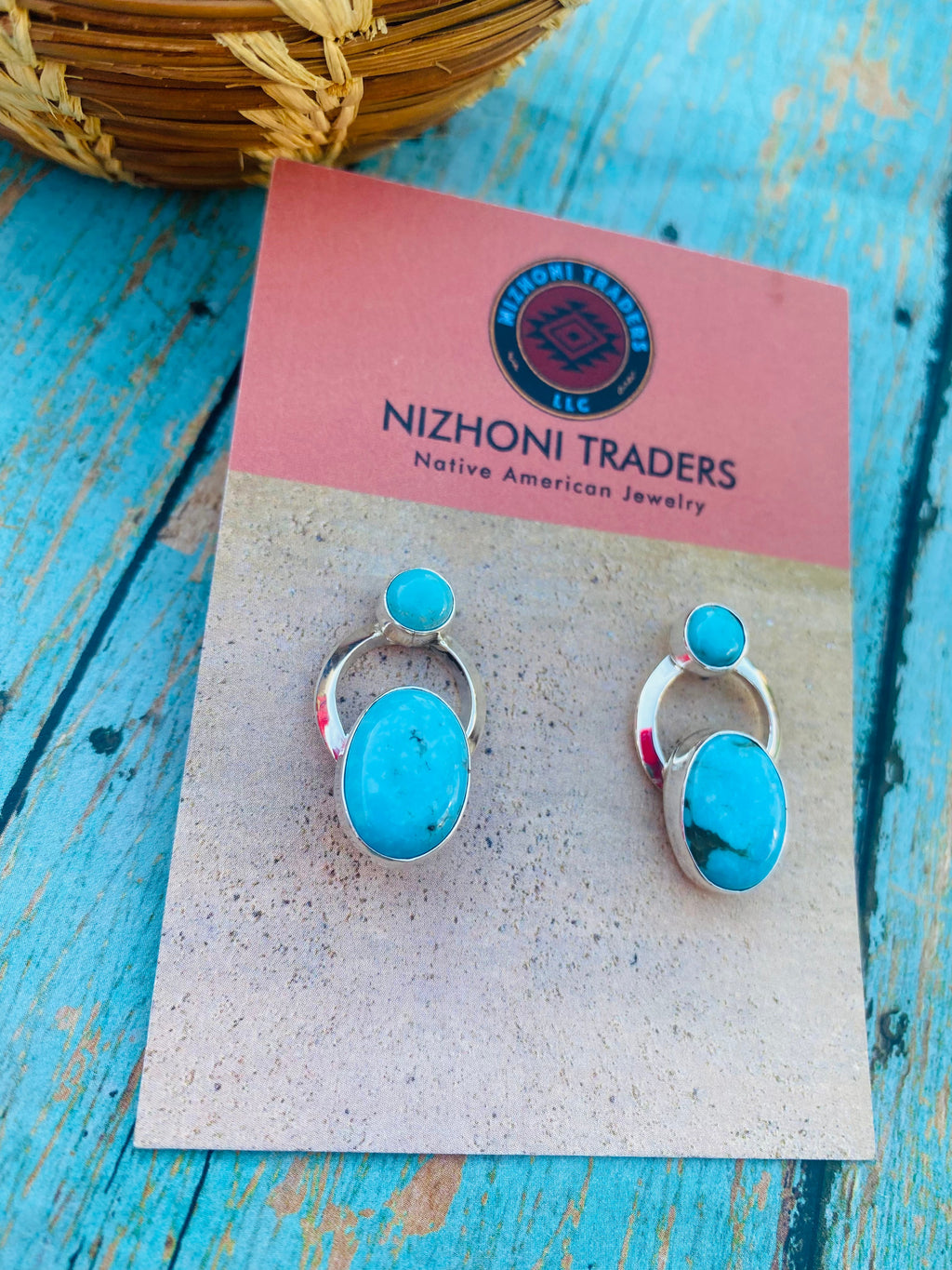 Handcrafted Kingman Turquoise & Sterling Silver Post Earrings Signed