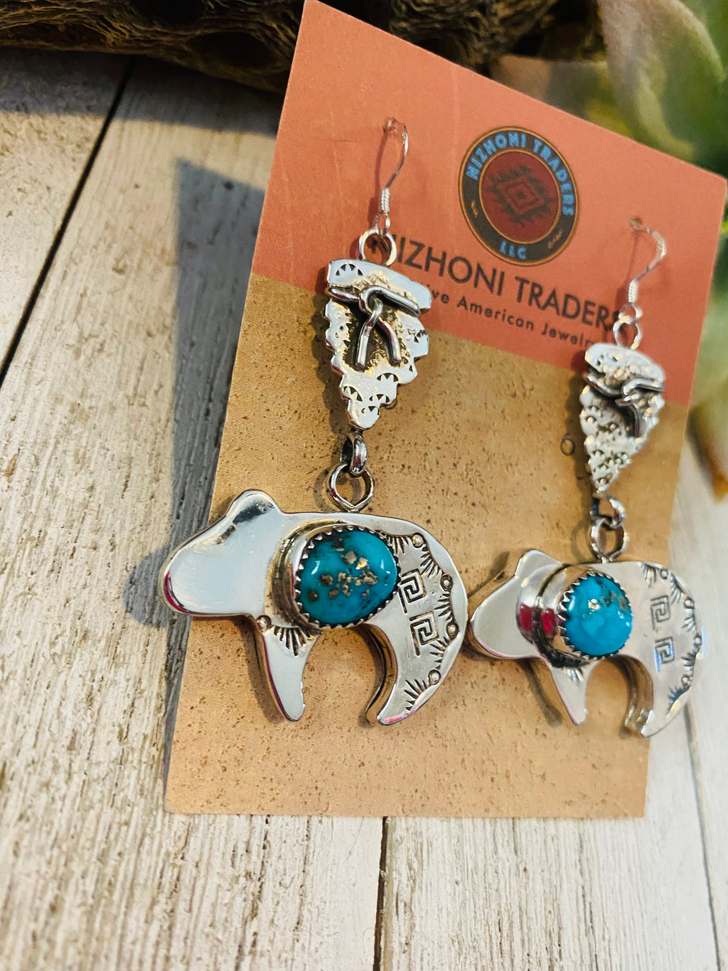 Handcrafted Turquoise & Sterling Silver Fetish Bear Dangle Earrings