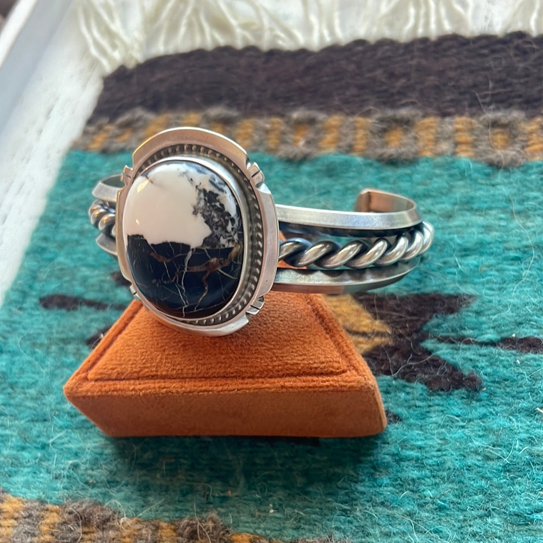 Beautiful Handcrafted White Buffalo & Sterling Silver Cuff Bracelet Signed