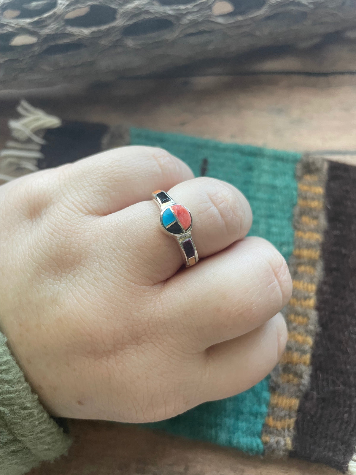 Handcrafted Sterling Silver & Multi Stone Inlay Ring Size 7.5