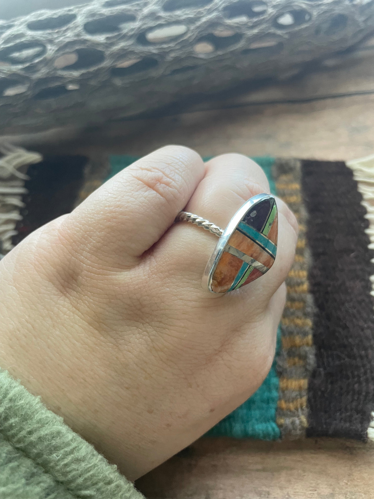 Handcrafted Sterling Silver & Multi Stone Inlay Ring Size 7.5