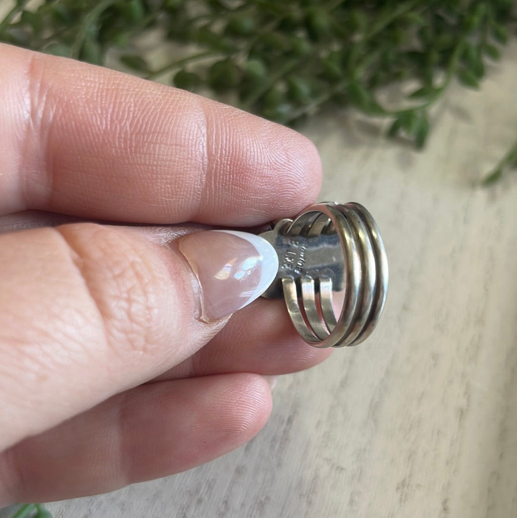 Handcrafted Turquoise & Sterling Silver Feather Ring Signed