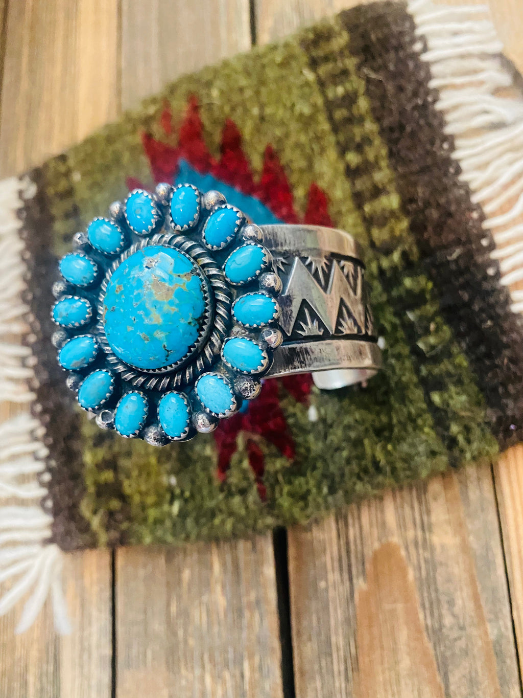 Handcrafted Kingman Turquoise And Sterling Silver Cluster Cuff Adjustable Bracelet /