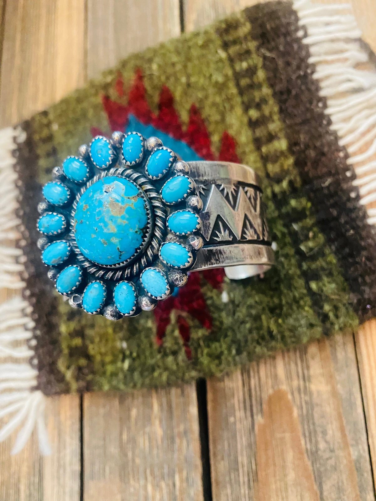 Handcrafted Kingman Turquoise And Sterling Silver Cluster Cuff Adjustable Bracelet /