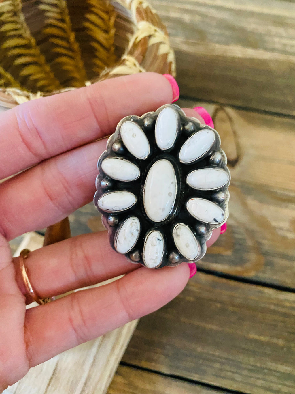 Handcrafted Sterling Silver And White Buffalo Cluster Adjustable Ring