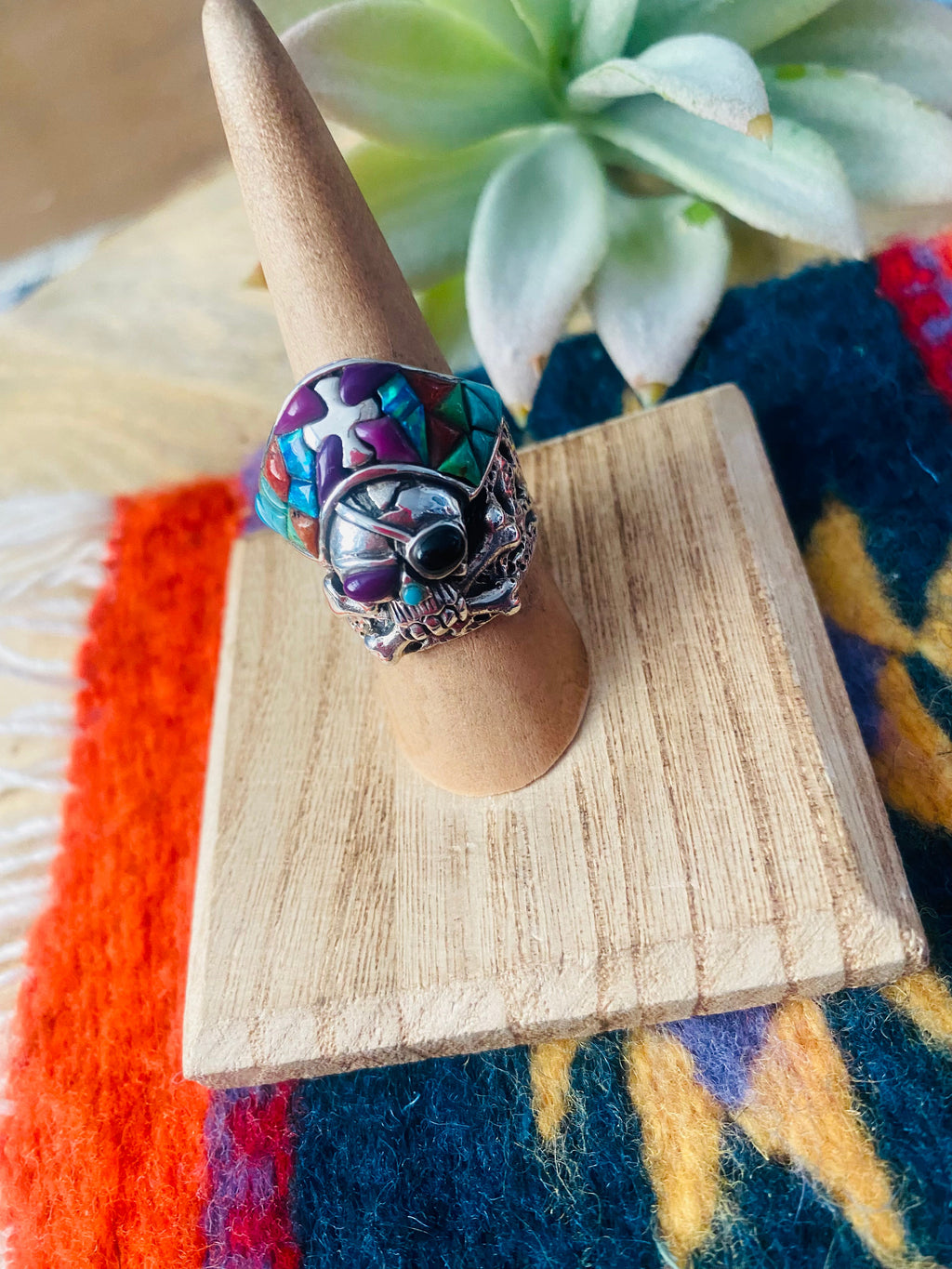Handmade Sterling Silver & Multi Stone Inlay Skull Ring Size 7.5