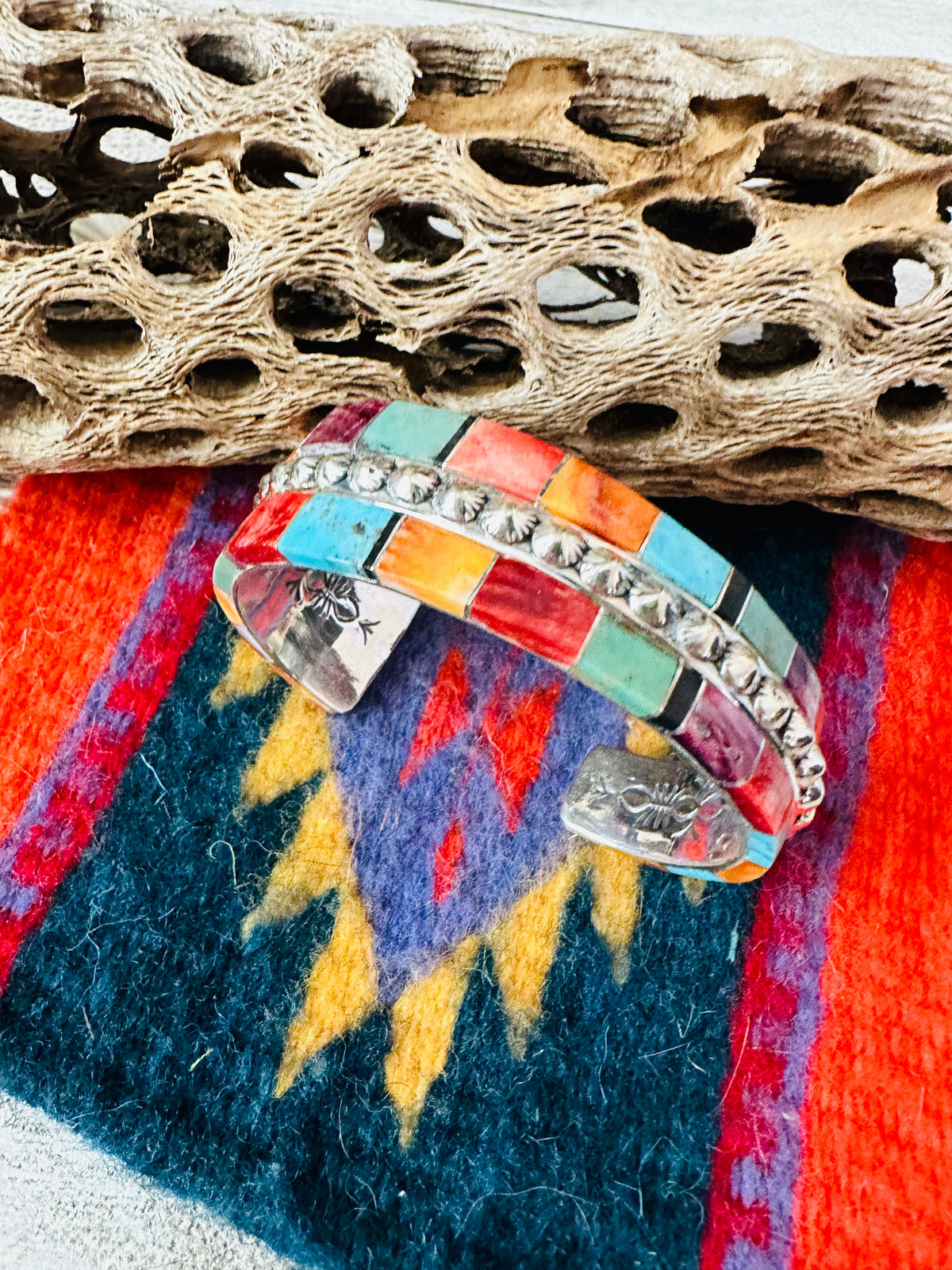 Handcrafted Multi Stone & Sterling Silver Inlay Cuff Bracelet