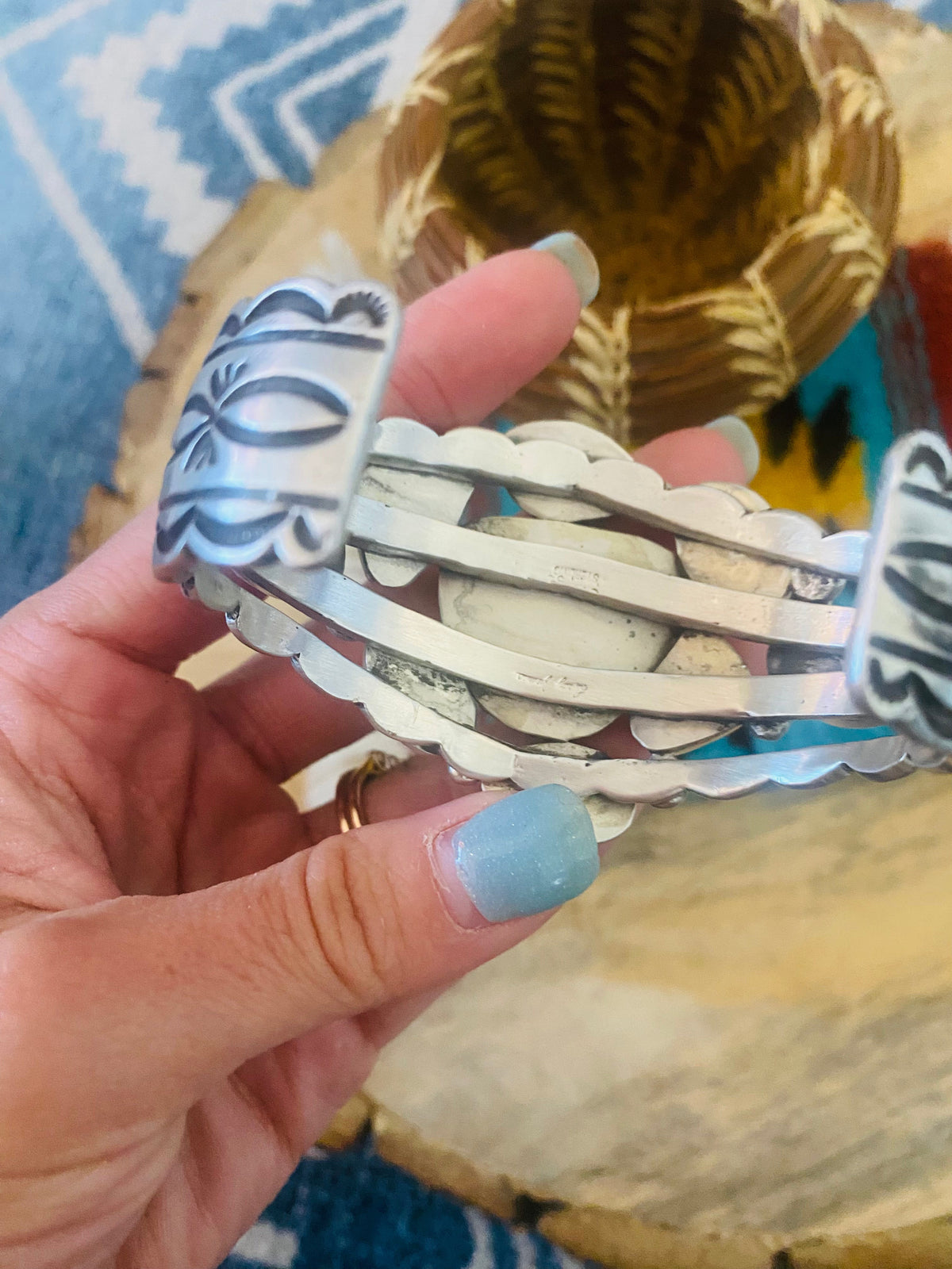 Handcrafted Royston Turquoise & Sterling Silver Cuff Bracelet Signed /