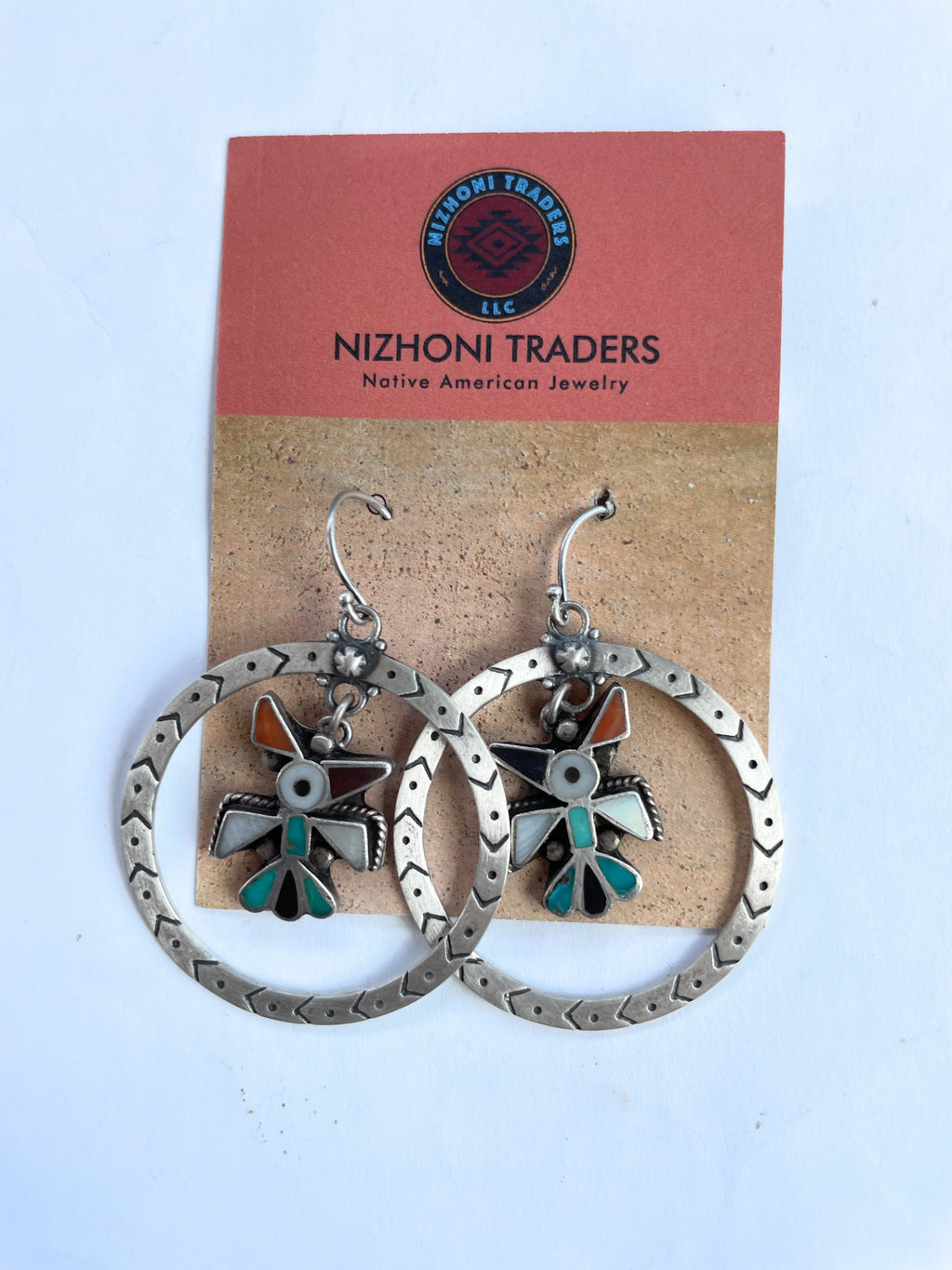 Vintage Old Pawn Handcrafted Thunderbird Sterling Silver Hoop Dangle Earrings