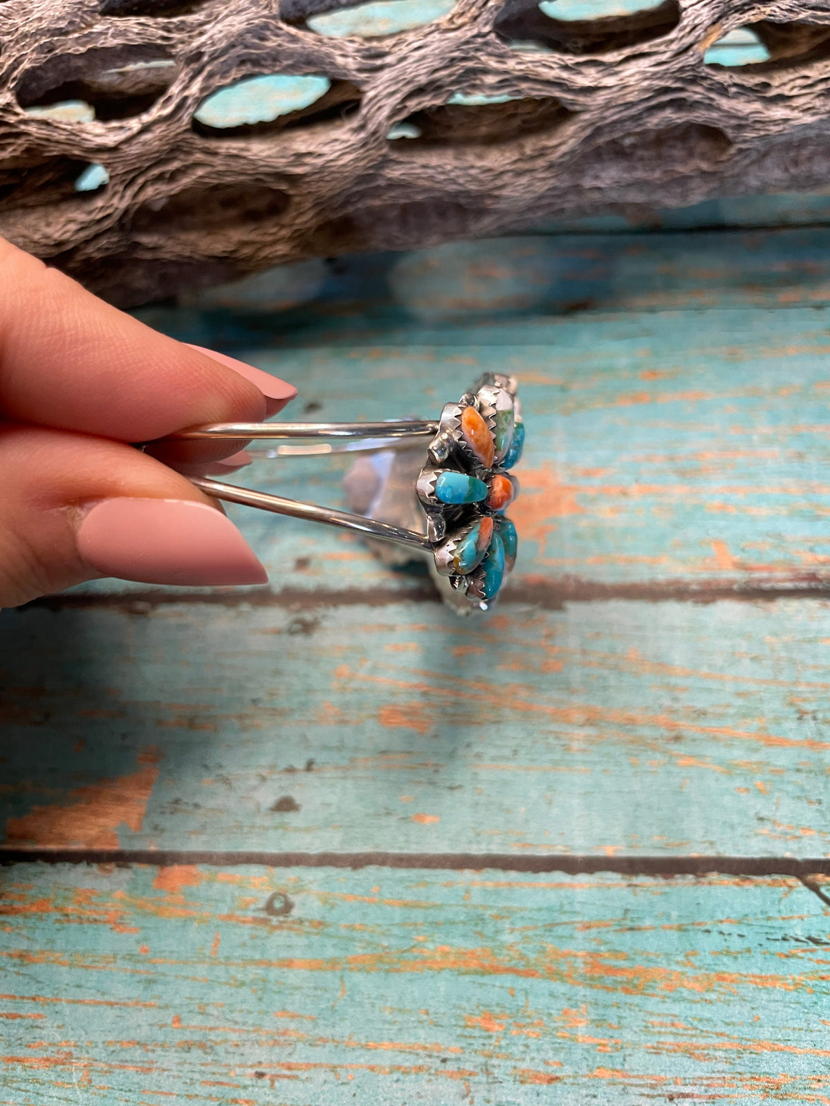 Handcrafted Multi Stone Spice And Sterling Silver Cluster Bracelet Cuff