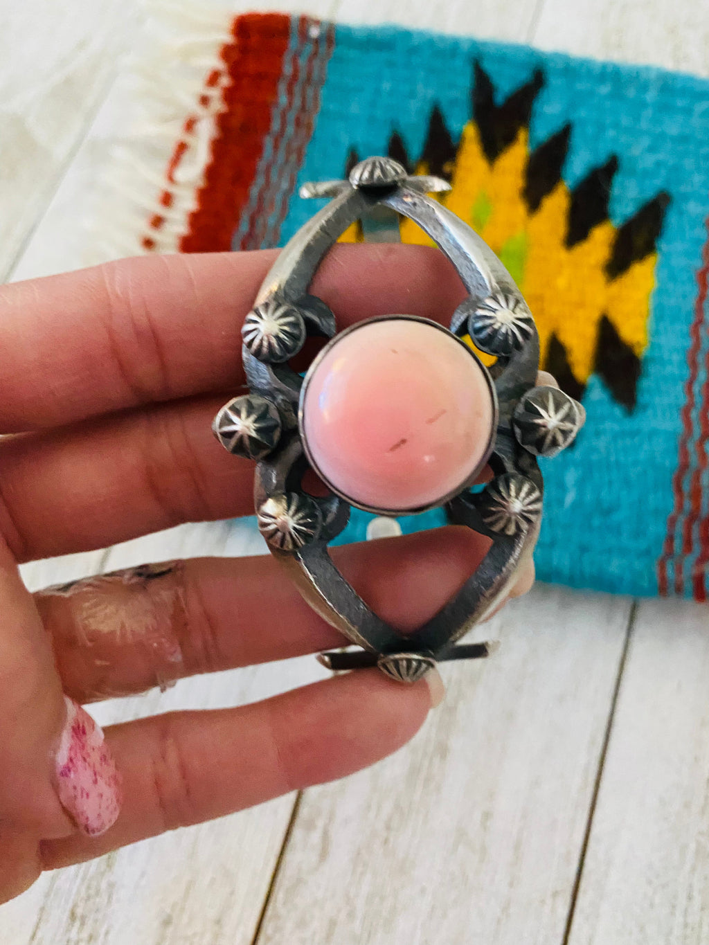 Handcrafted Queen Pink Conch Shell & Sterling Silver Cuff Bracelet By Chimney Butte /