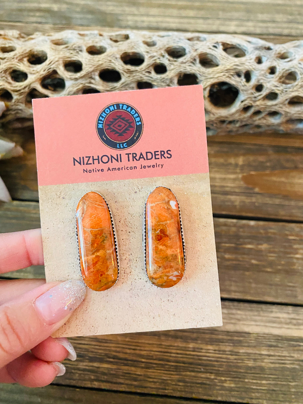 Handcrafted Sterling Silver & Orange Spiny Post Earrings 1.1/8”