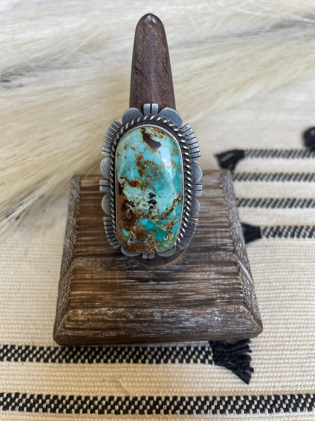 Handcrafted Turquoise & Sterling Silver Ring Size 10 Signed  Russell Sam