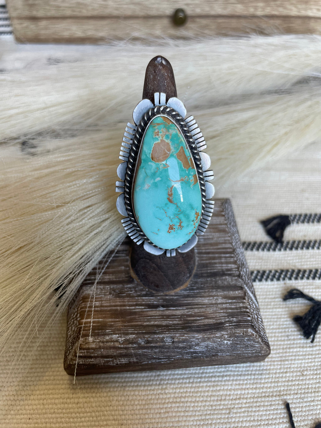 Handcrafted Turquoise & Sterling Silver Ring Size 7 Signed Russell Sam