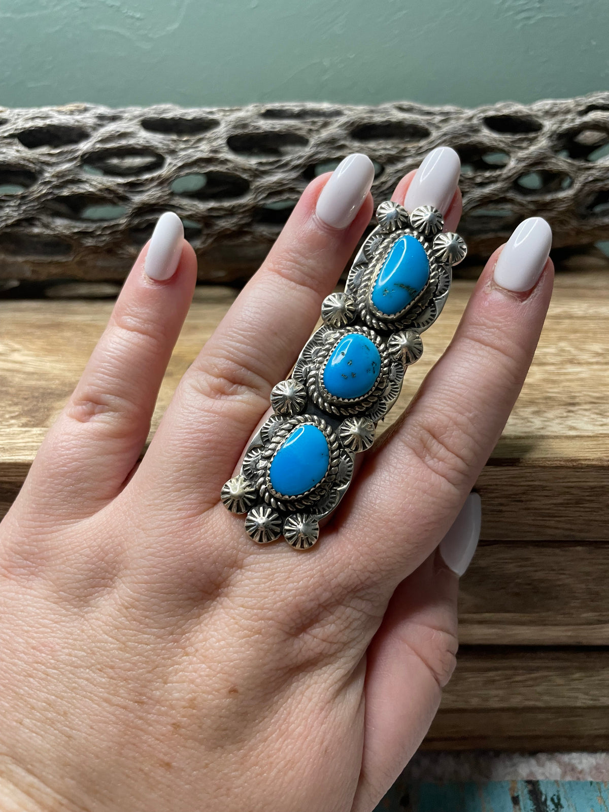 Handcrafted Turquoise And Sterling Silver Statement Ring Sz 7