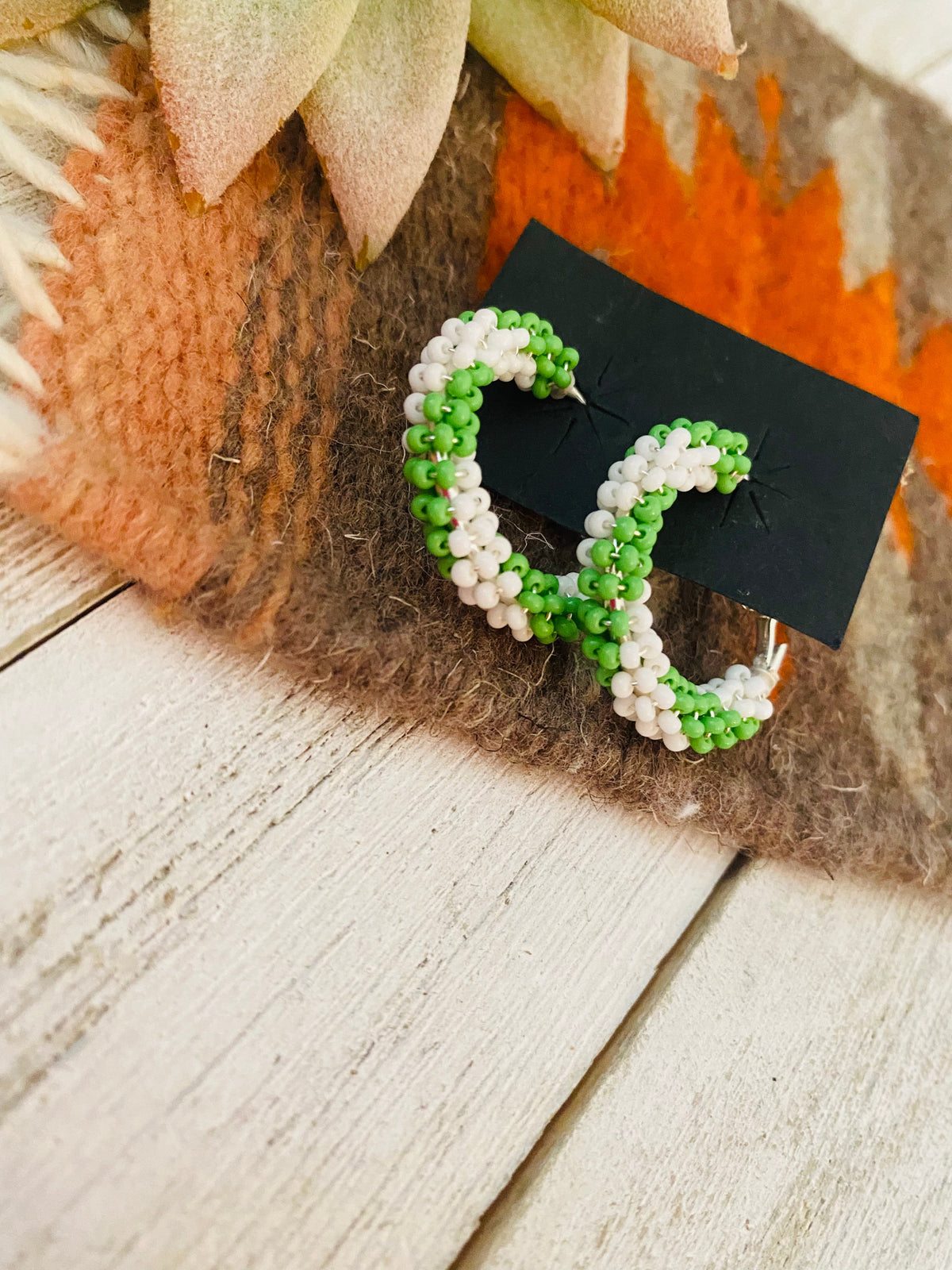 Handcrafted Handmade Beaded Hoop Earrings- green/white
