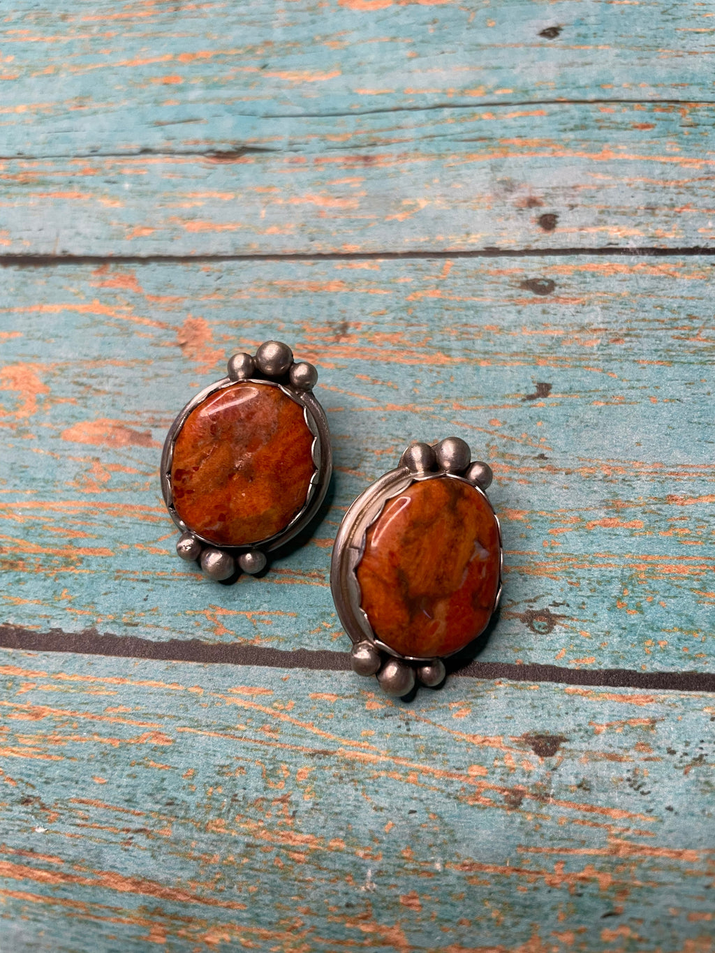 Handcrafted Apple Coral And Sterling Silver Post Earrings Signed