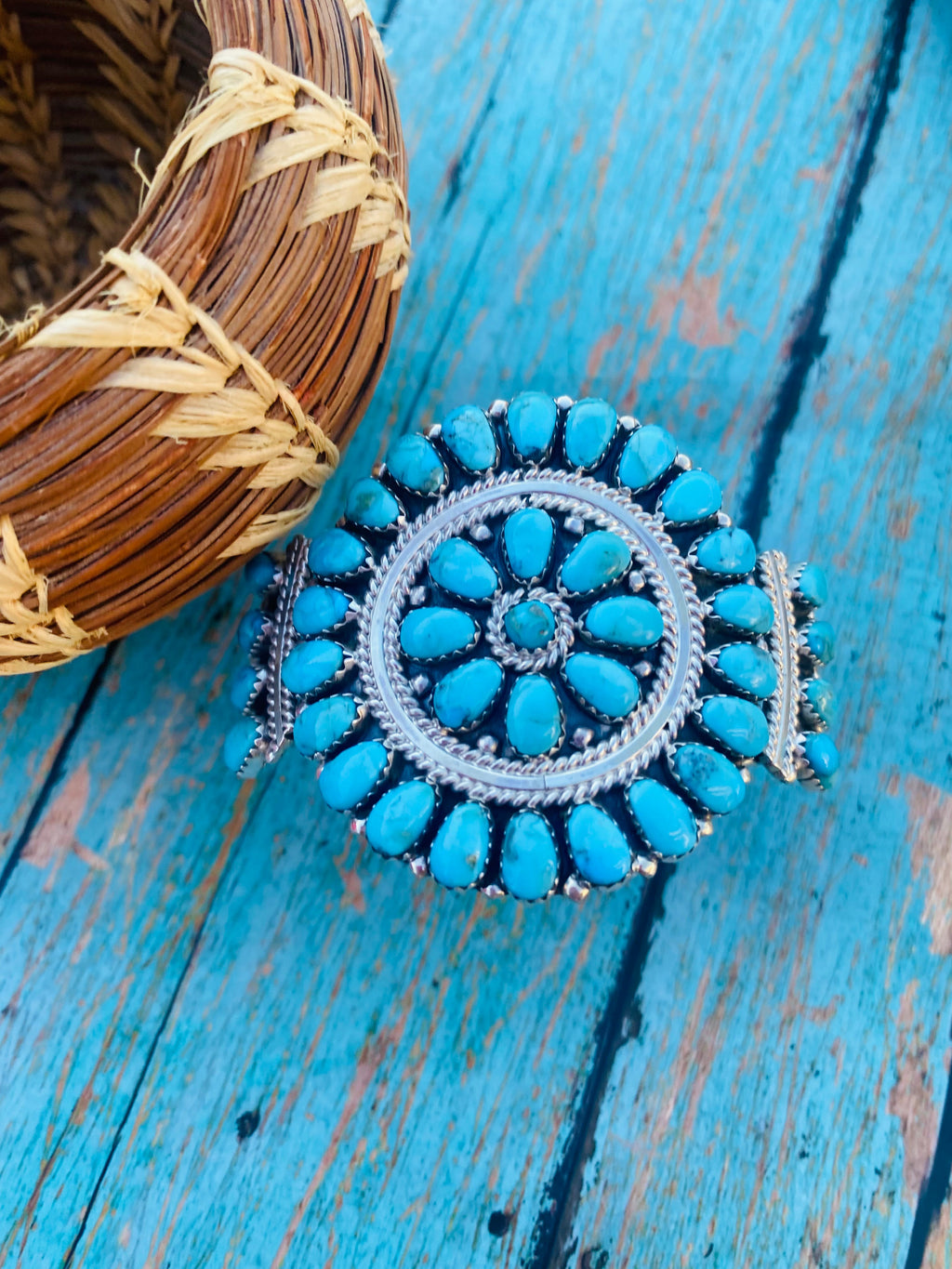 Handcrafted Kingman Turquoise & Sterling Silver Cluster Bracelet Cuff