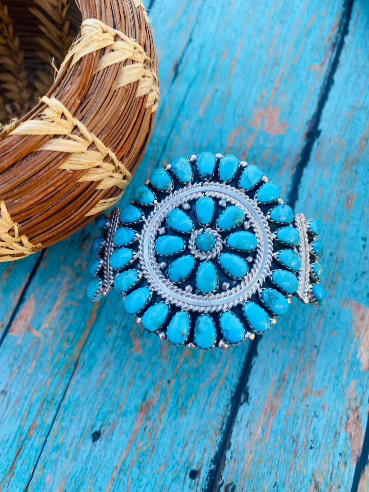 Handcrafted Kingman Turquoise & Sterling Silver Cluster Bracelet Cuff
