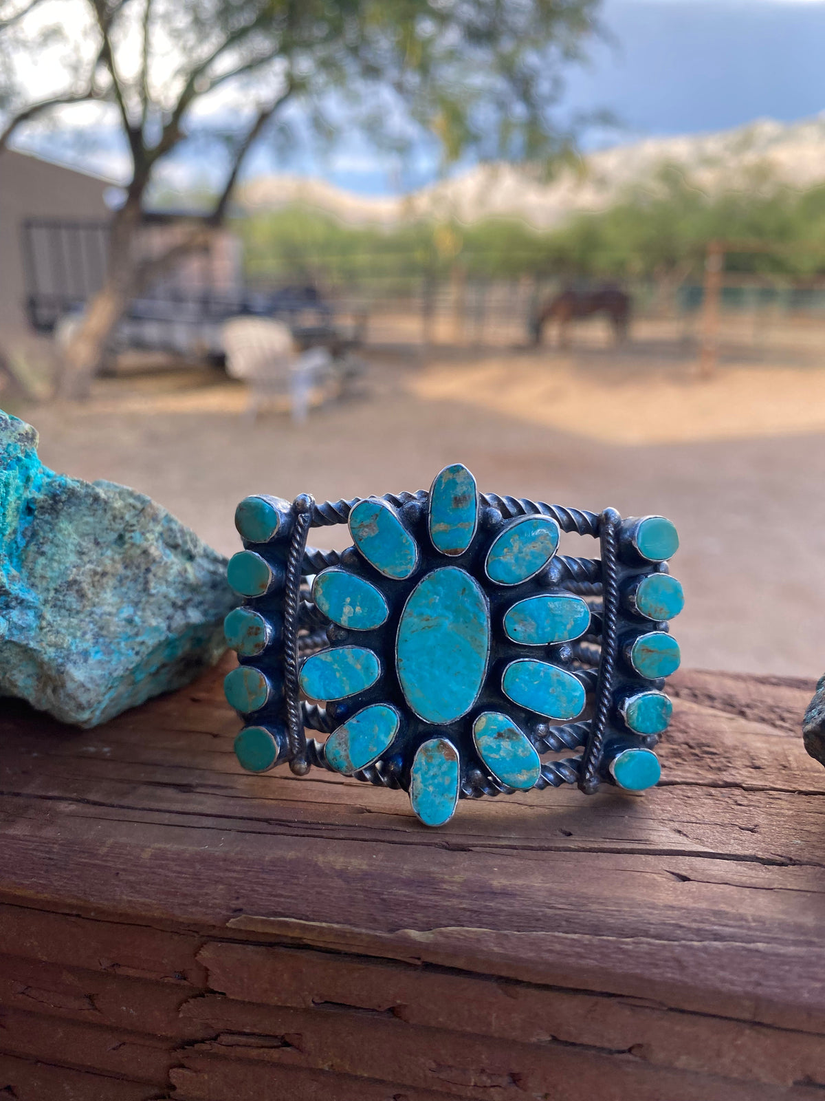 Handcrafted Jacqueline Silver Royston Turquoise & Sterling Cluster Cuff /