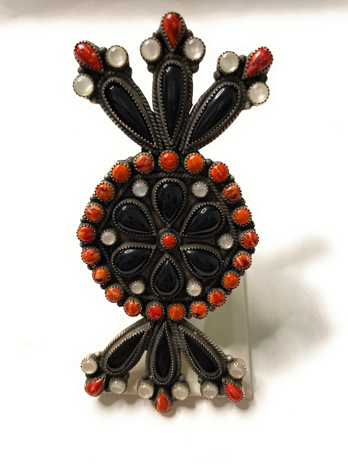 Handcrafted Sterling Silver Black Onyx And Orange Spiny Statement Ring Size 8 By Devon Brown
