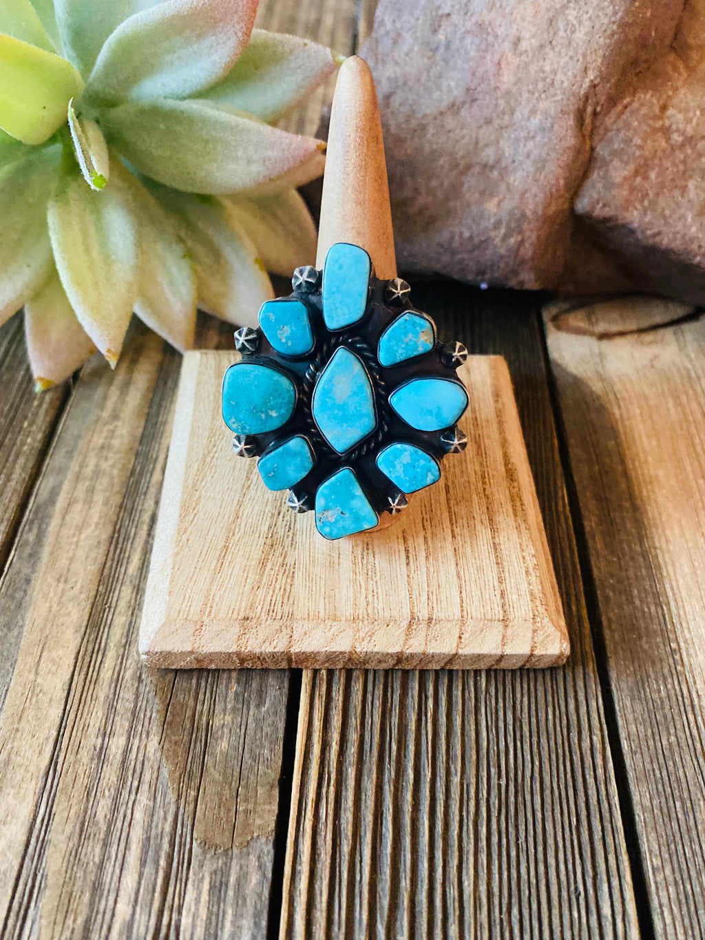 Handcrafted Kingman Turquoise & Sterling Silver Cluster Ring Size 8.5