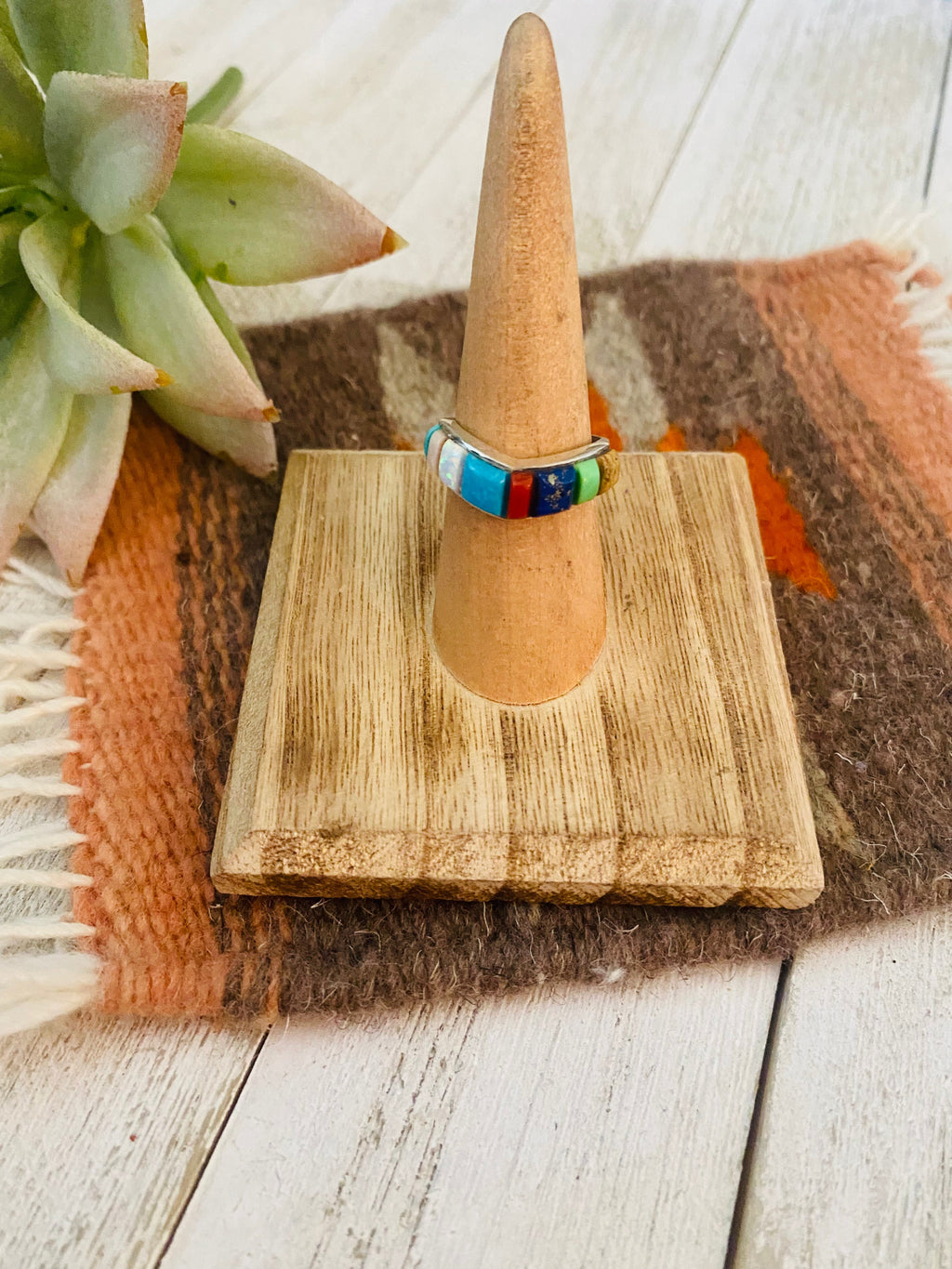 Handcrafted Sterling Silver & Multi Stone Inlay Band Ring Size 6.5