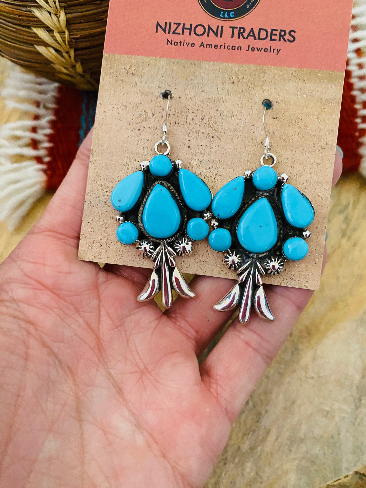 Handcrafted Sterling Silver & Turquoise Cluster Dangle Earrings