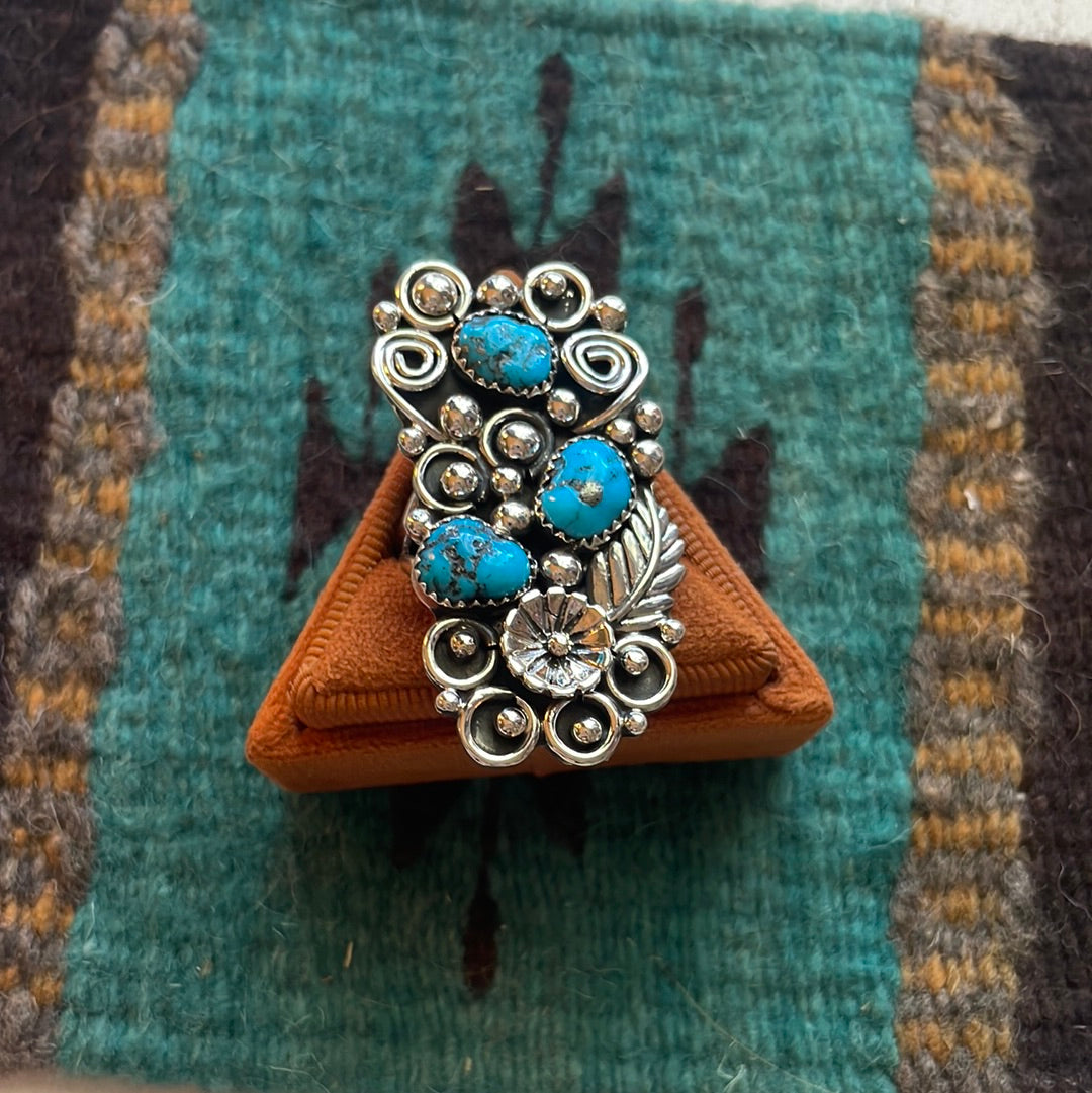 Handcrafted Sterling Silver & Turquoise Flower Ring Size 11