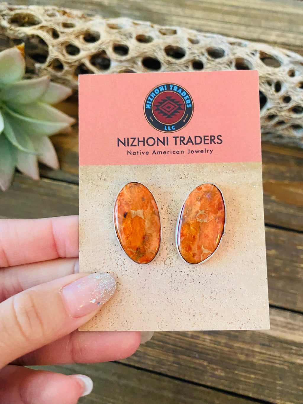 Handcrafted Sterling Silver & Orange Spiny Post Earrings 1.1/8”