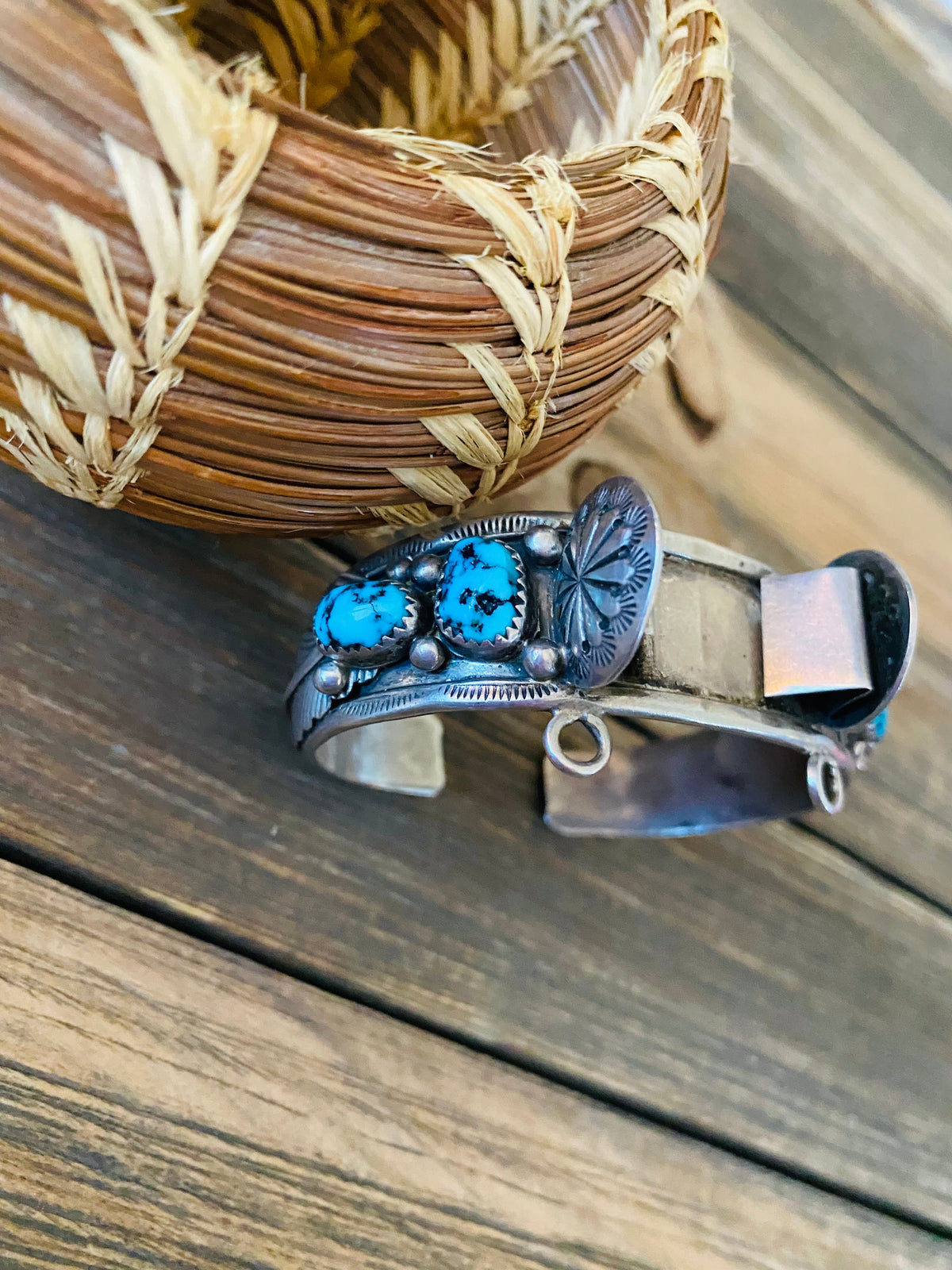 Old Pawn Vintage Handcrafted Turquoise & Sterling Silver Watch Cuff Signed