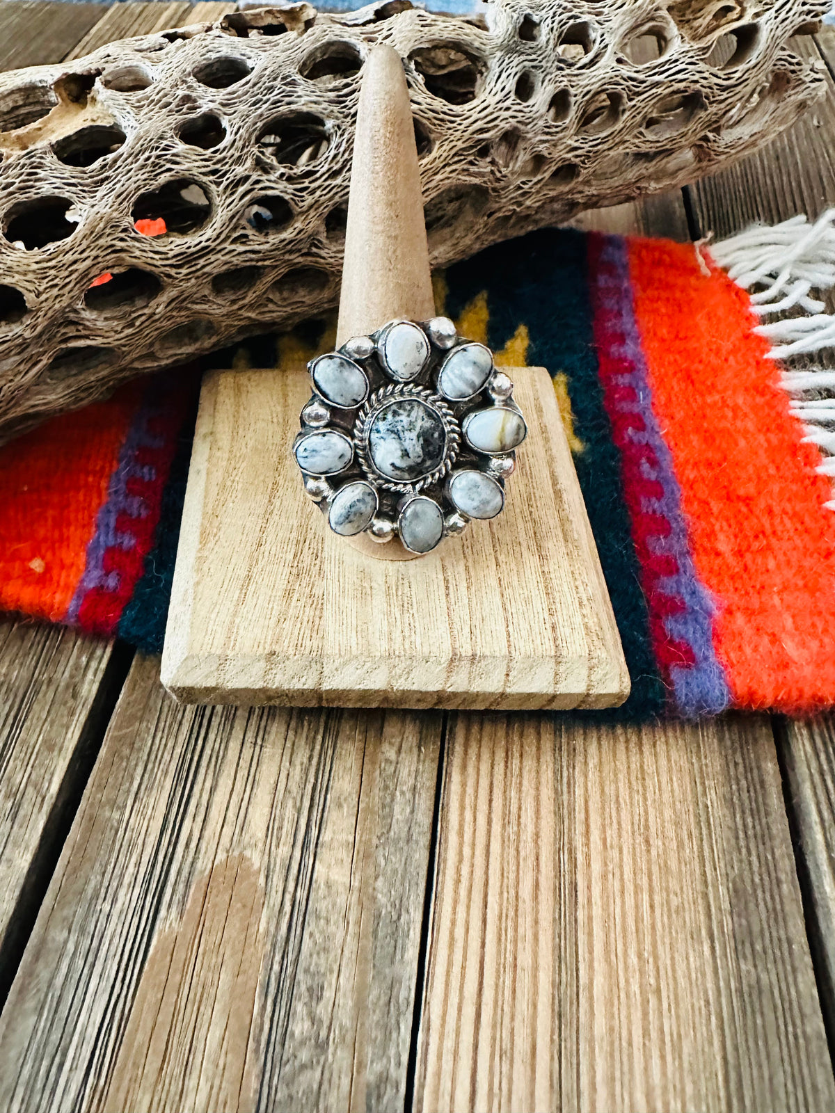 Handcrafted Sterling Silver And White Buffalo Cluster Adjustable Ring