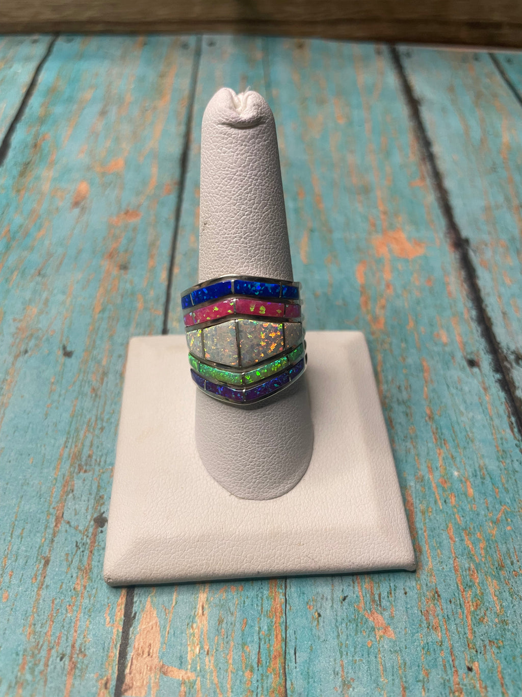Handcrafted Multi Stone Opal & Sterling Silver Wide Band Ring Signed
