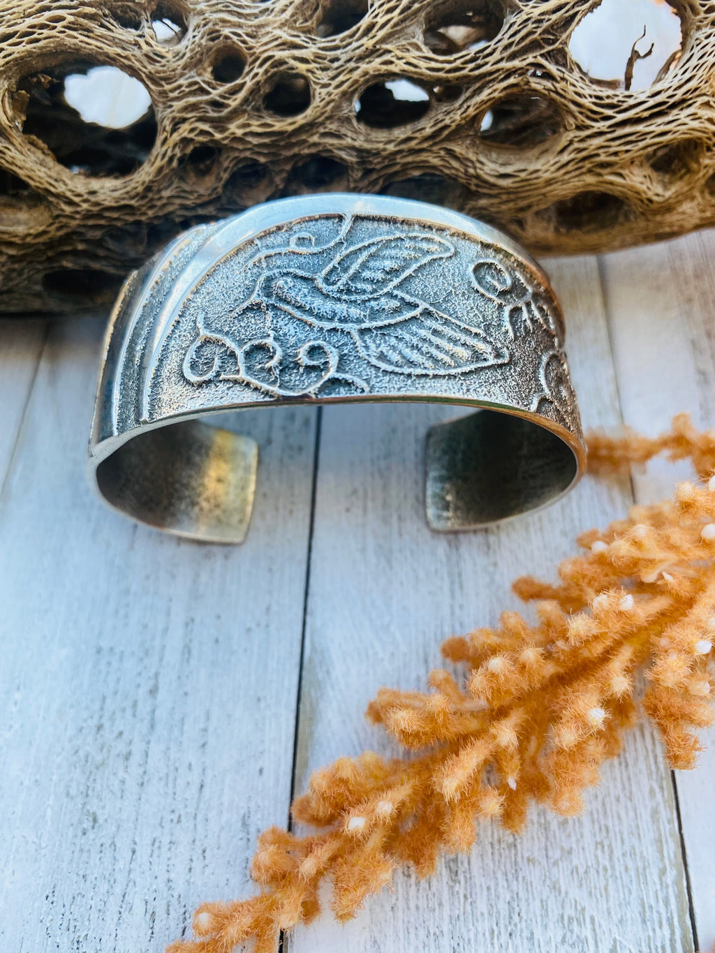 Handcrafted Vintage Sterling Silver Tufa Cast Hummingbird Cuff Bracelet