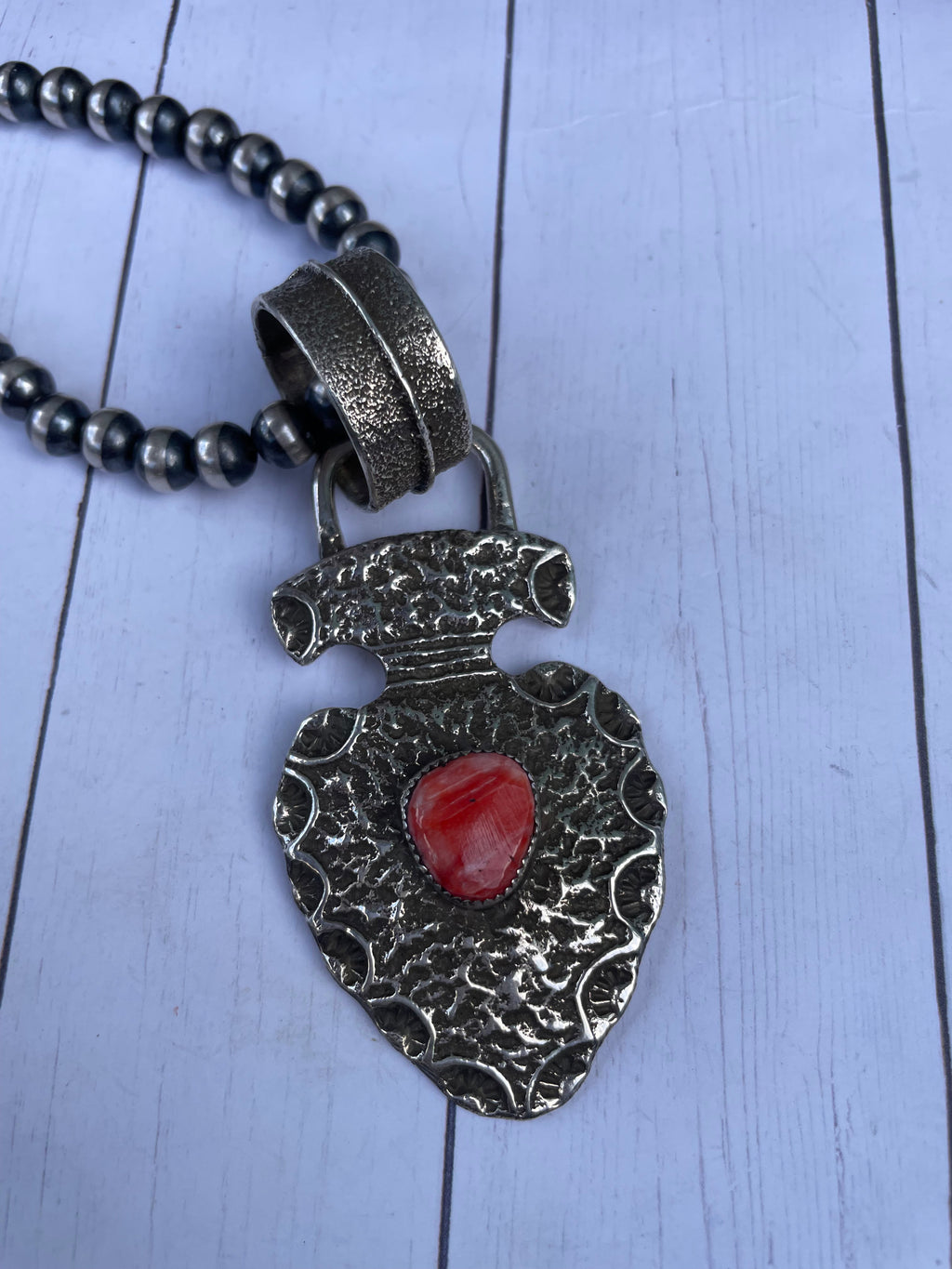 Handcrafted Red Spiny & Sterling Silver Pendant Signed
