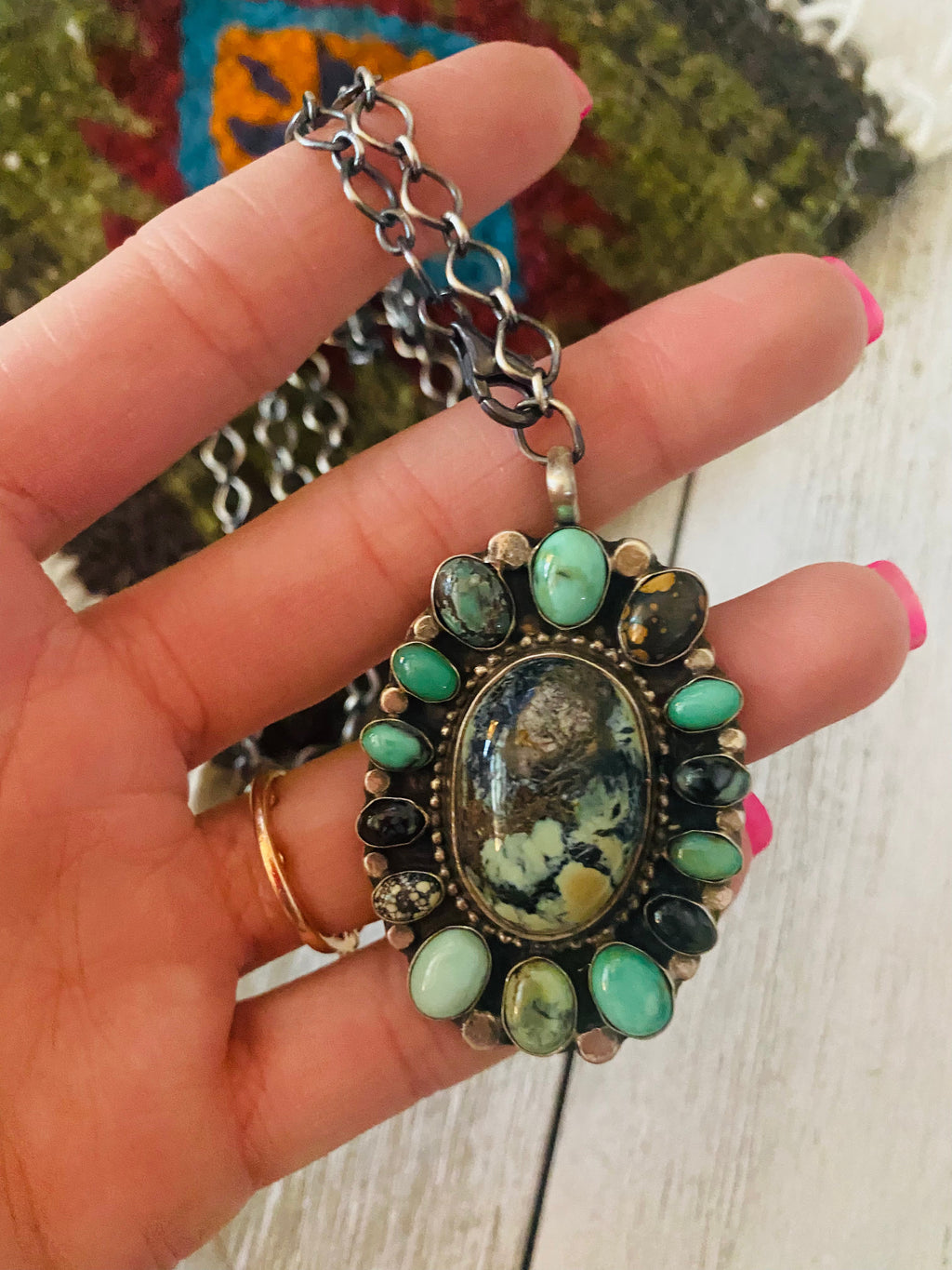 Handcrafted Sterling Silver & Tibetan Turquoise Cluster Necklace