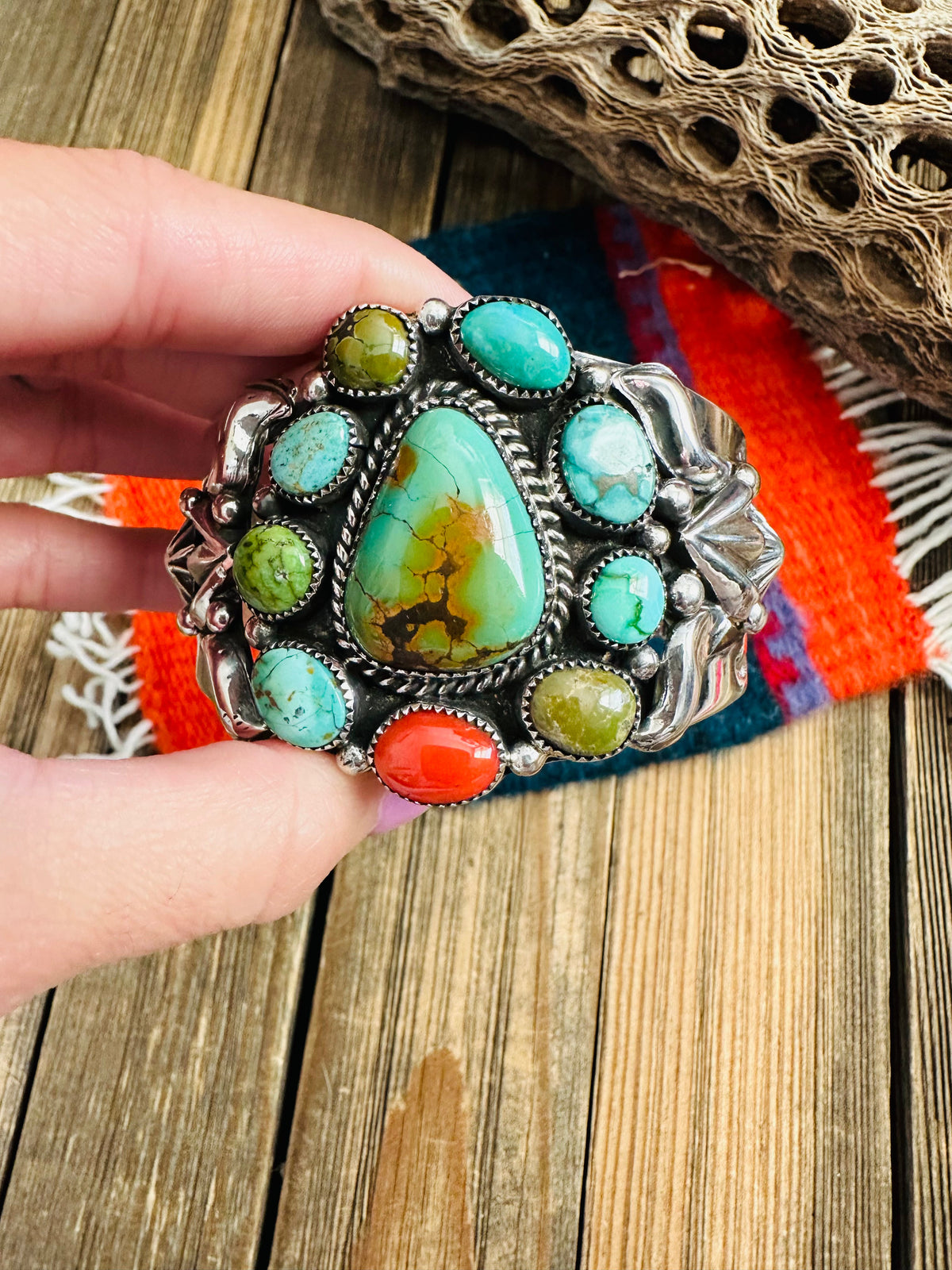 Handcrafted Old Pawn Turquoise, Coral & Sterling Silver Cuff Bracelet /