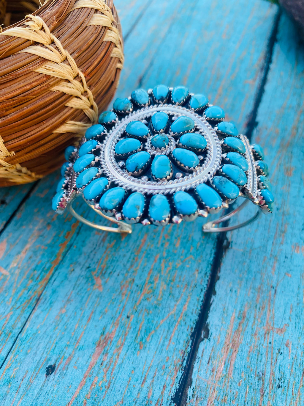 Handcrafted Kingman Turquoise & Sterling Silver Cluster Bracelet Cuff