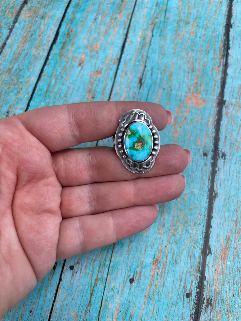 Handcrafted Sonoran Mountain Turquoise And Sterling Silver Statement Ring Size 9