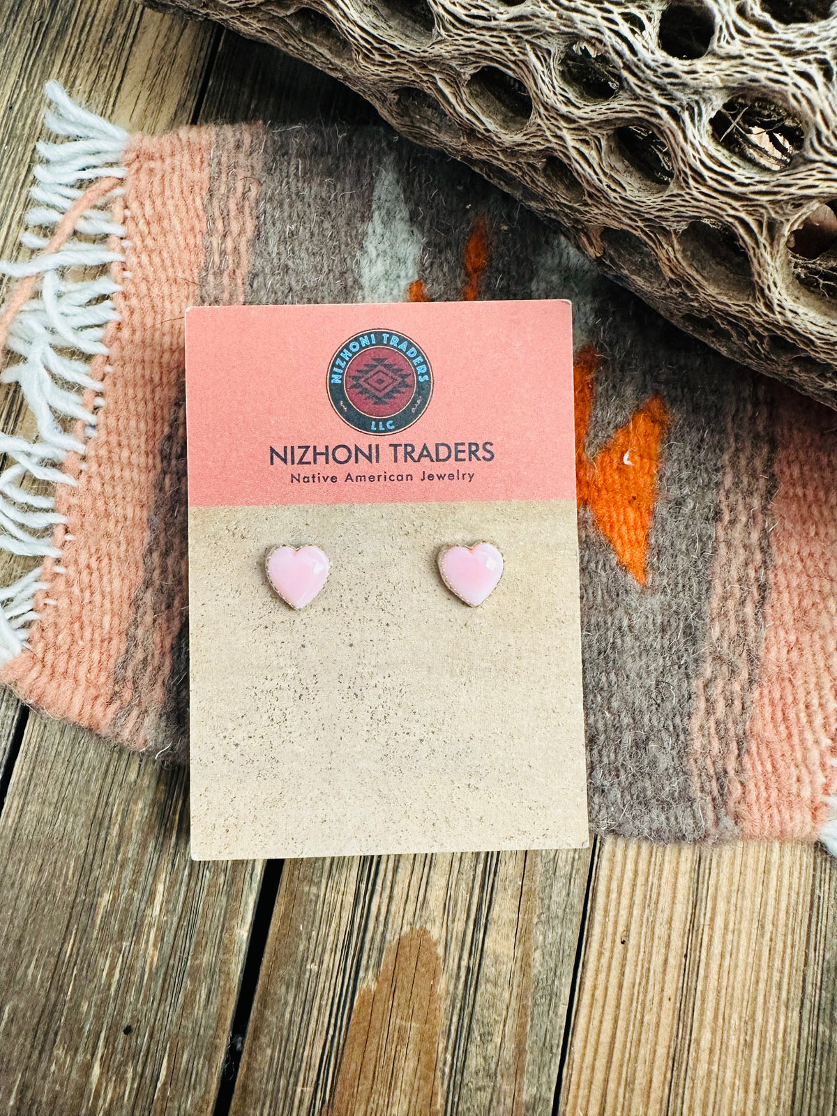 Handcrafted Queen Pink Conch & Sterling Silver Heart Stud Earrings