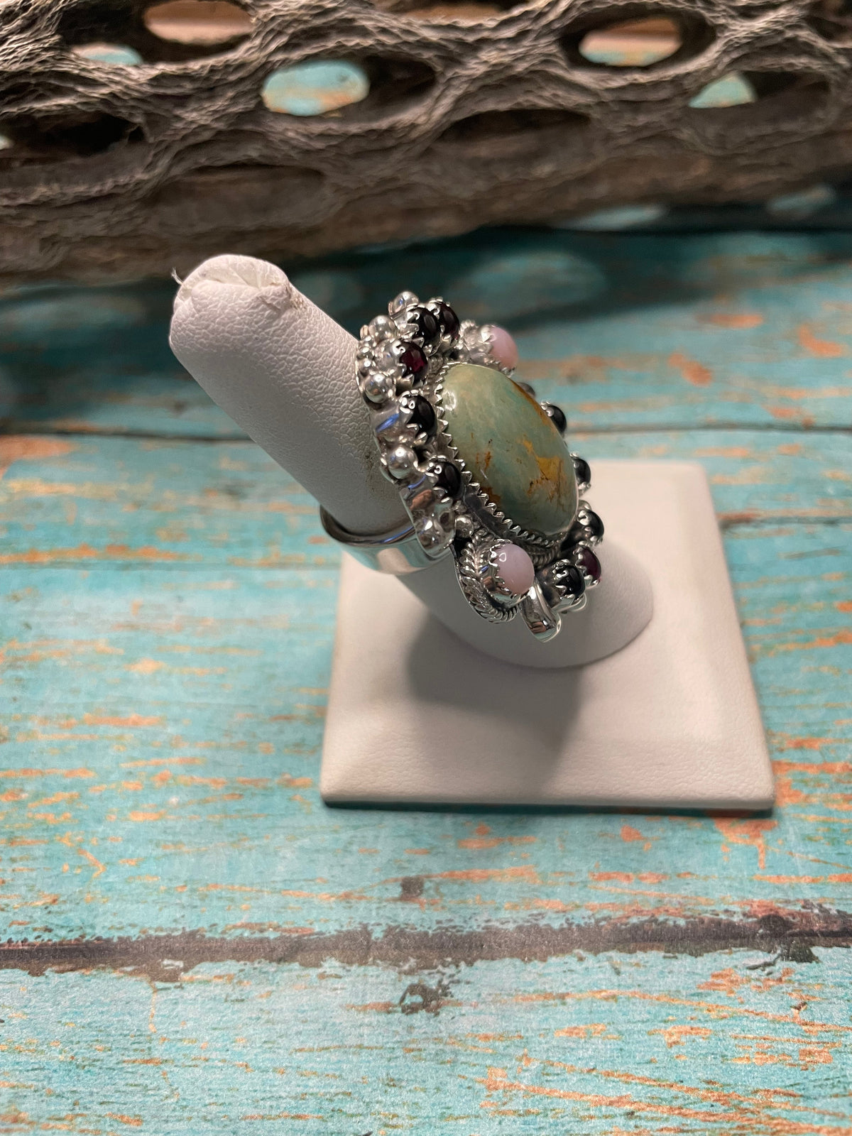 Handmade Royston Turquoise, Pink Opal, Red Opal Adjustable Oval Ring