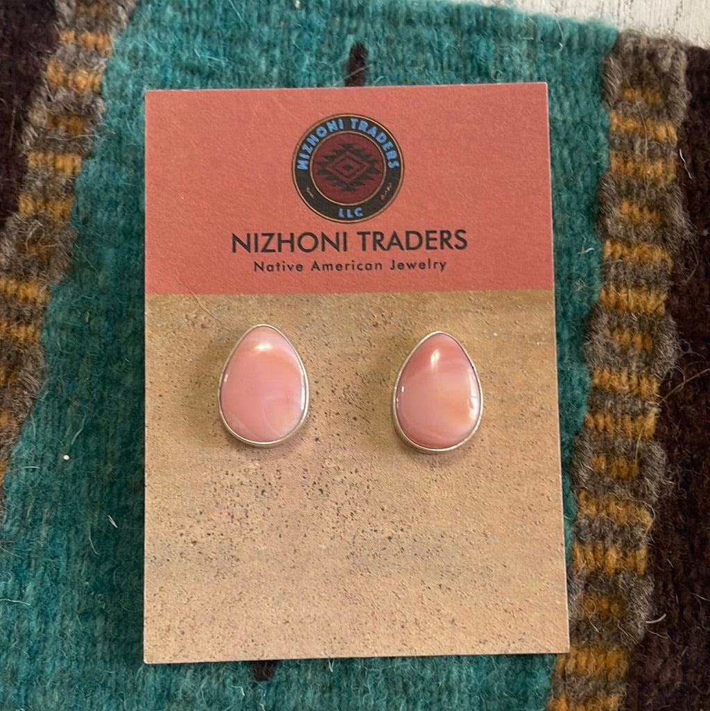 Handcrafted Sterling Silver &  Pink Conch Tear Drop Stud Earrings Signed