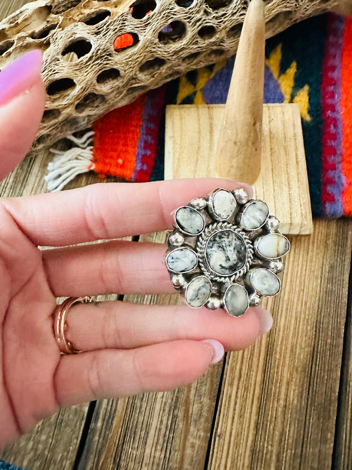 Handcrafted Sterling Silver And White Buffalo Cluster Adjustable Ring
