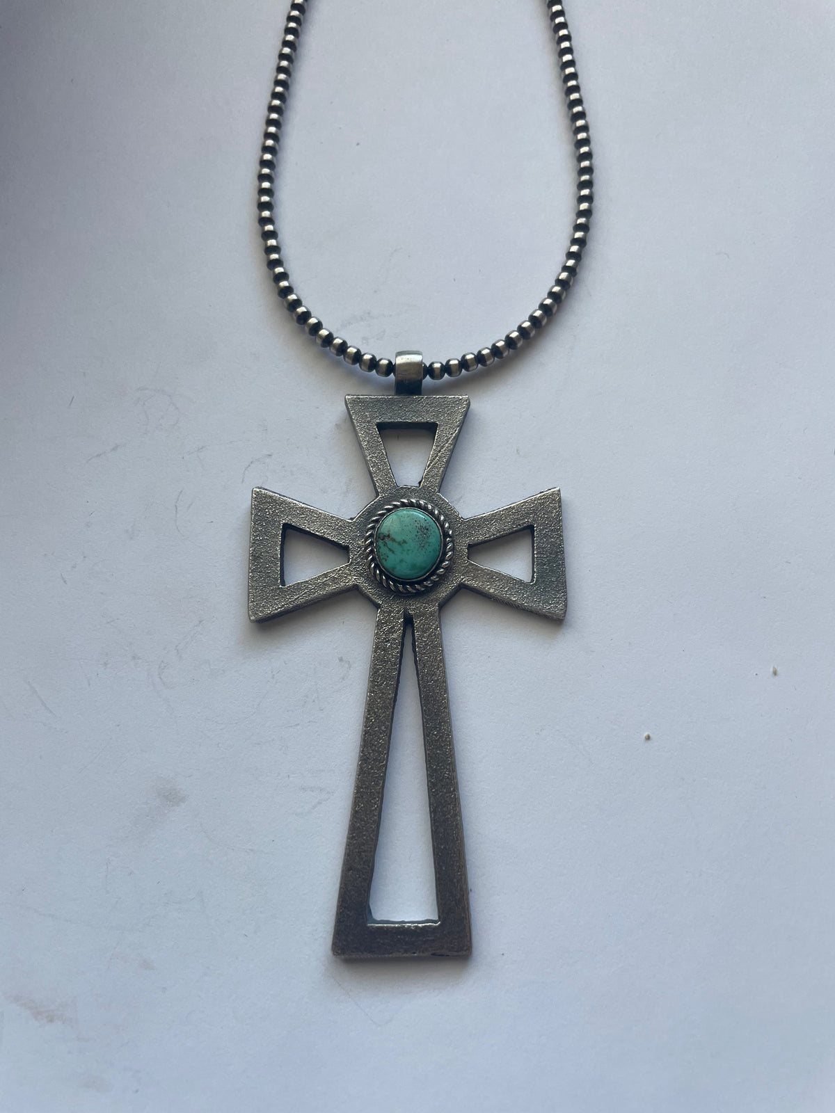 Handcrafted Sterling Silver & Turquoise Cross Pendant Signed Eugene Mitchell