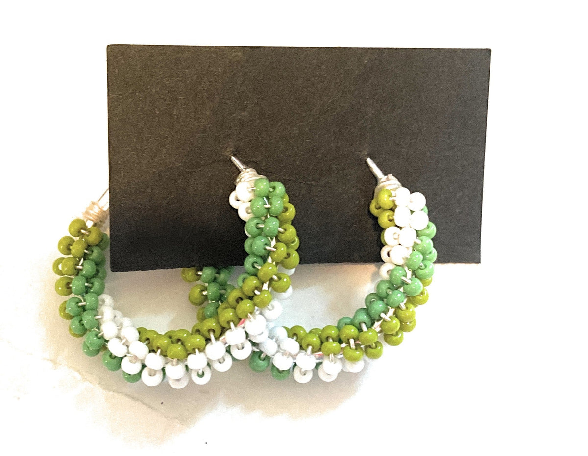 Handcrafted Handmade Beaded Hoop Earrings- green