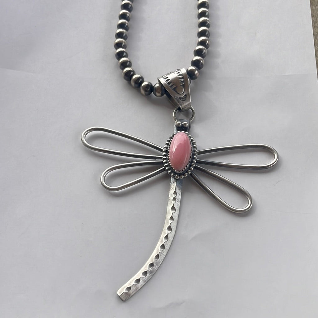 Handcrafted Pink Conch & Sterling Silver Dragonfly Pendant Signed