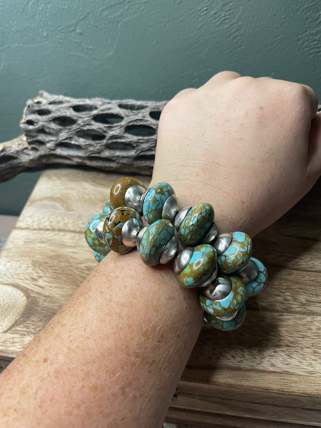 Handcrafted Sterling Silver Stretchy Natural #8 Turquoise Large Beaded Bracelet