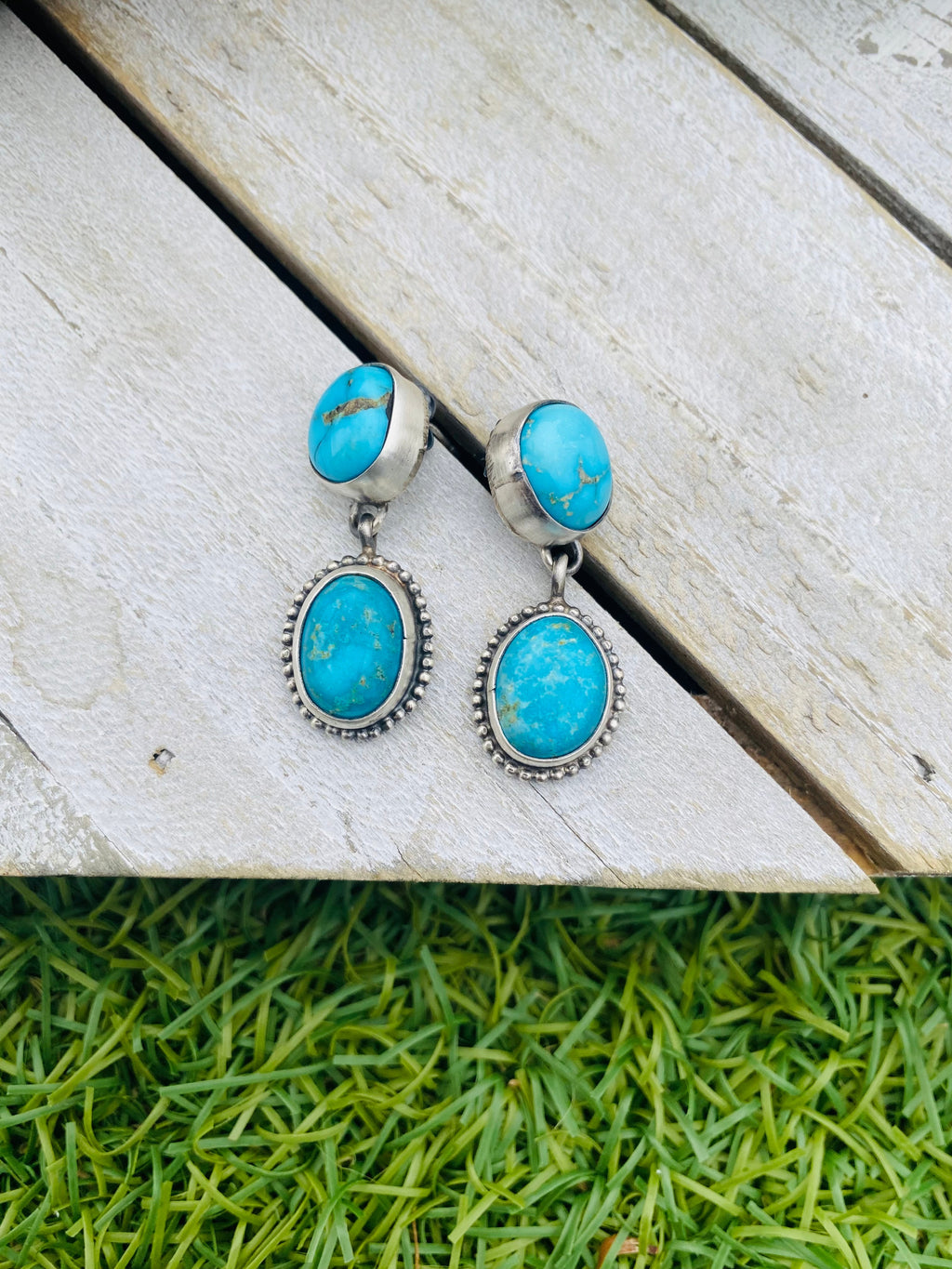 Handcrafted Sterling Silver And Turquoise Dangle Earrings Signed