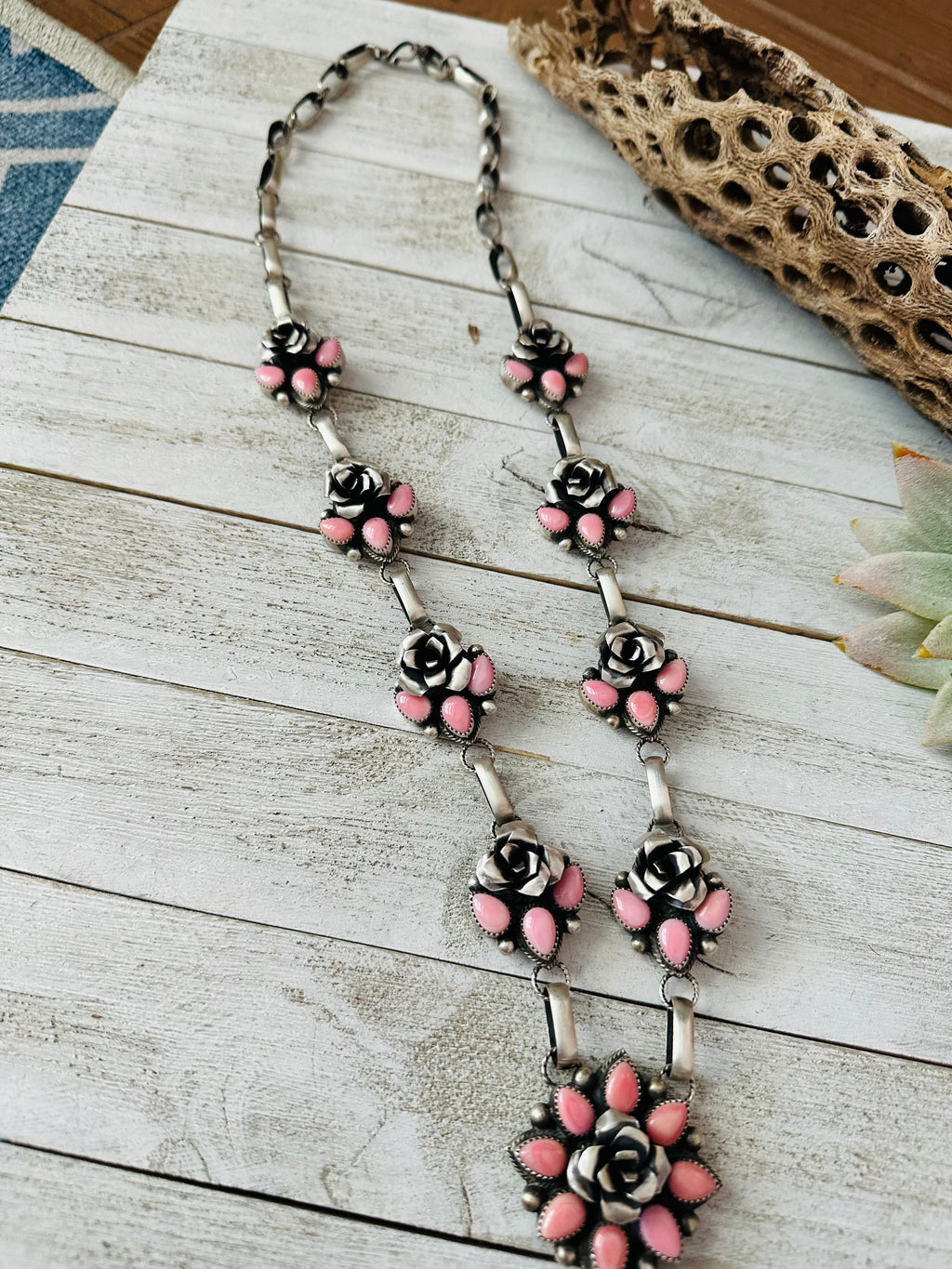 Handcrafted Sterling Silver & Queen Pink Conch Shell Flower Necklace