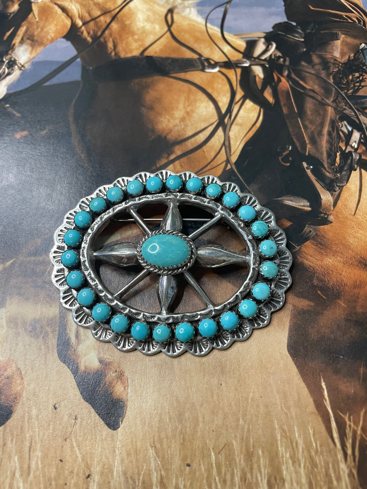 Handcrafted Turquoise And Sterling Silver Pendant Pin Signed